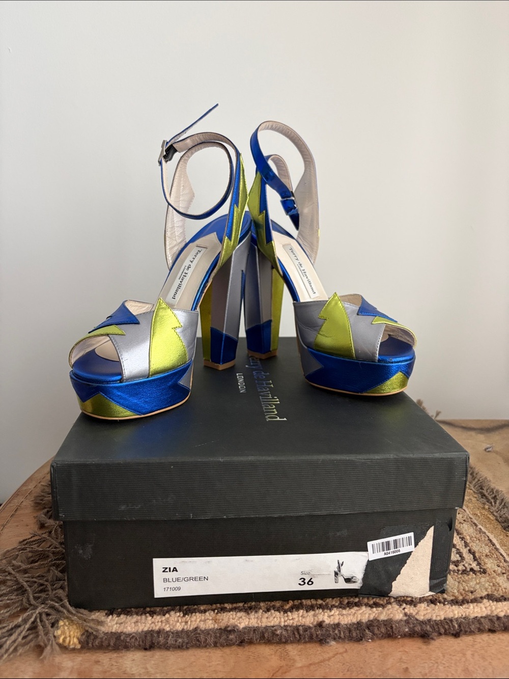 Terry de Havilland Zia Blue & Green Platform Sandals with Ankle Strap sz 36